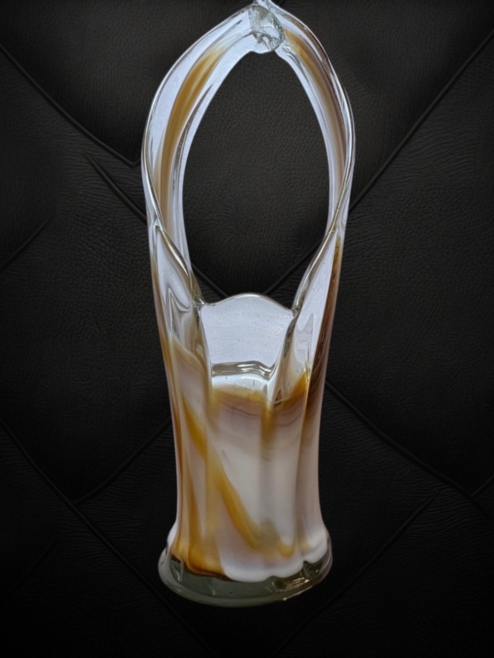 Large 16" Vtg Murano Style Glass Basket Vase Amber White Swirl Swung Handle 3 Lb